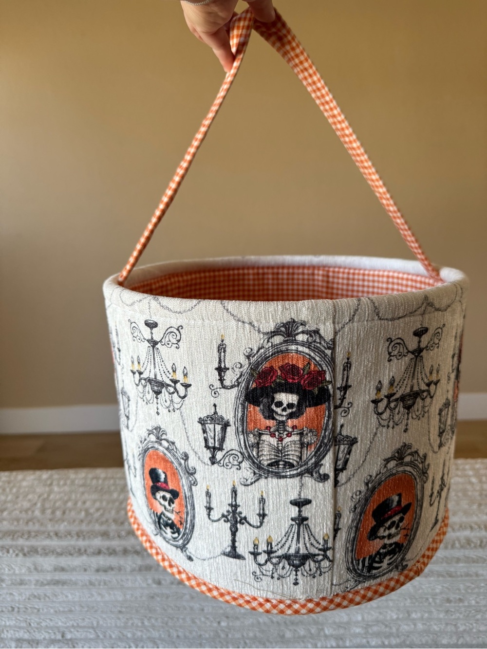 Skeleton & Chandelier Halloween Hanging Bucket Bag Orange Gingham 12” x 9”